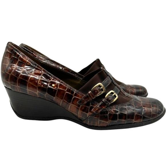 Vtg Circa Joan & David Patent Croc Wedges 9 Brown Mob Wife Y2K Office Siren - Picture 2 of 12